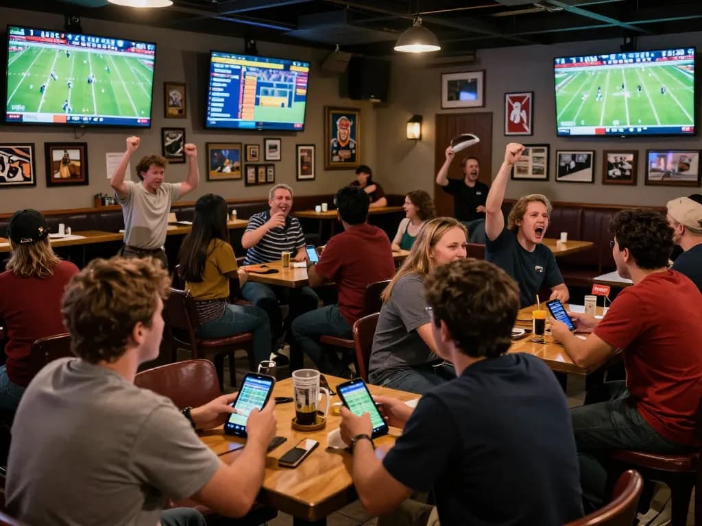 Engaged spectators enjoying Trực Tiếp Bóng Đá at a lively sports bar, cheering together while placing bets.