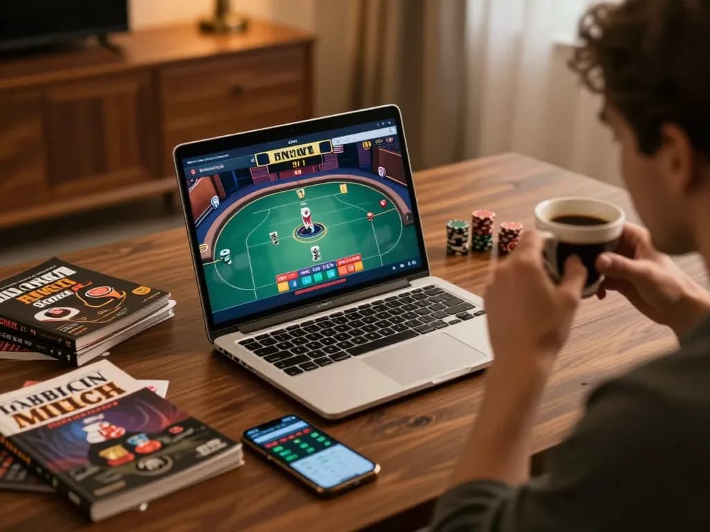Engaging in live dealer poker on fabet while analyzing strategies in a cozy home office setup.