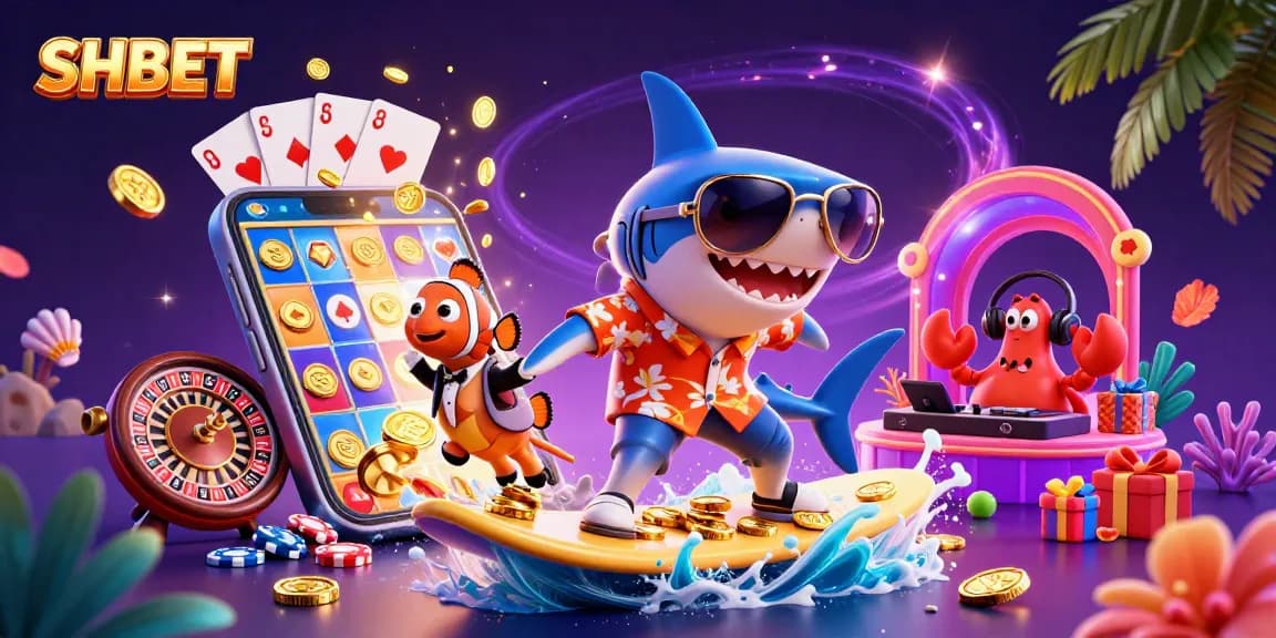 Experience SHBET's thrilling casino adventure with 3D characters amidst dazzling game elements.