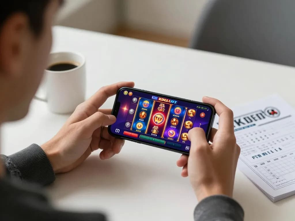 KDSlot user enjoying exciting gameplay on a smartphone with colorful graphics and strategy notes nearby.