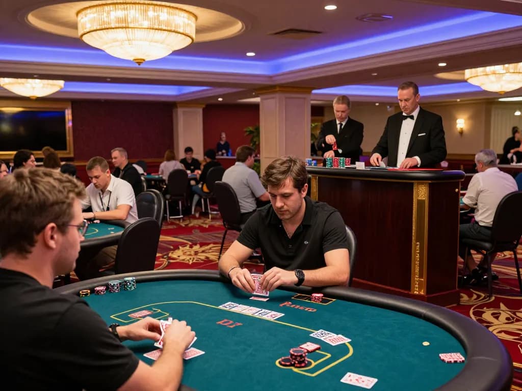 Smart city hostels vibe with lively poker game in a high-end casino, players strategizing and interacting.