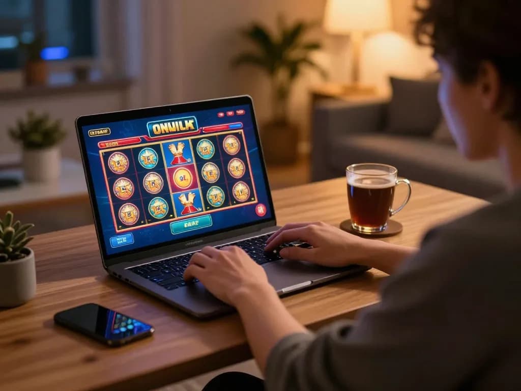Engaging in online casino gaming at home with lucky88 slots displayed on the screen