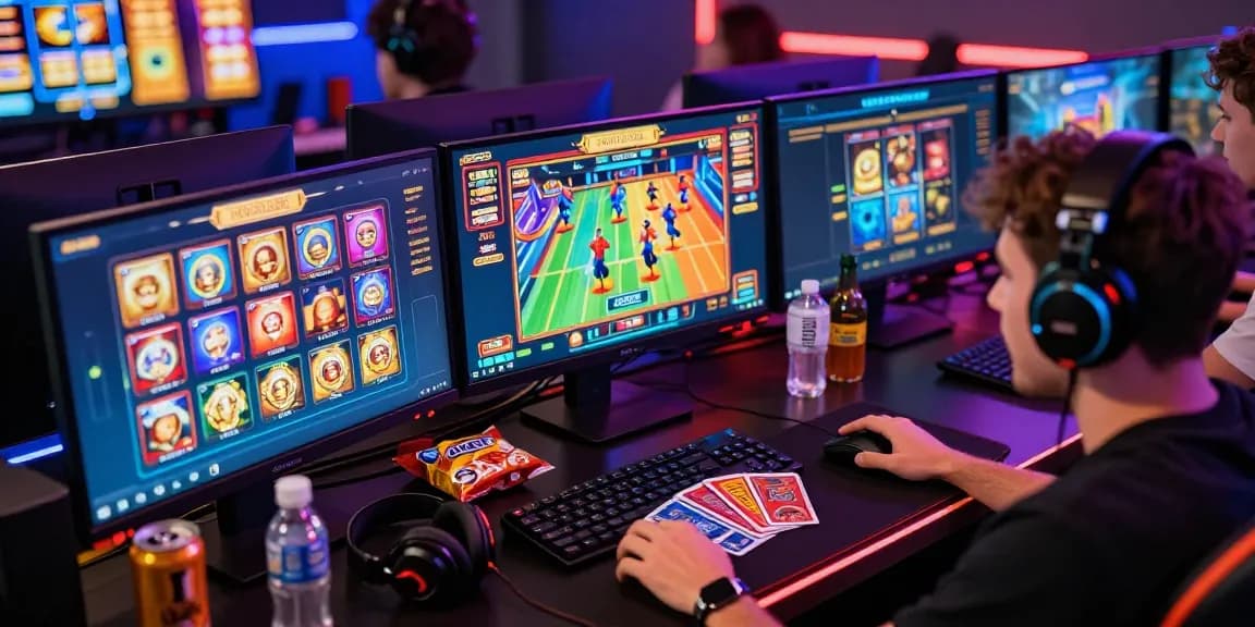Exciting gaming setup featuring credit card casinos with dynamic screen displays, gaming accessories, and vibrant atmosphere.