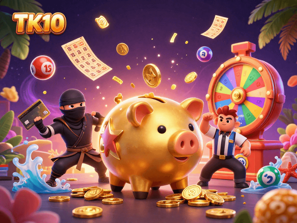 Join the excitement at TK10 with a dynamic scene featuring a sumo wrestler, ninja, and samurai amidst a vibrant gaming celebration.