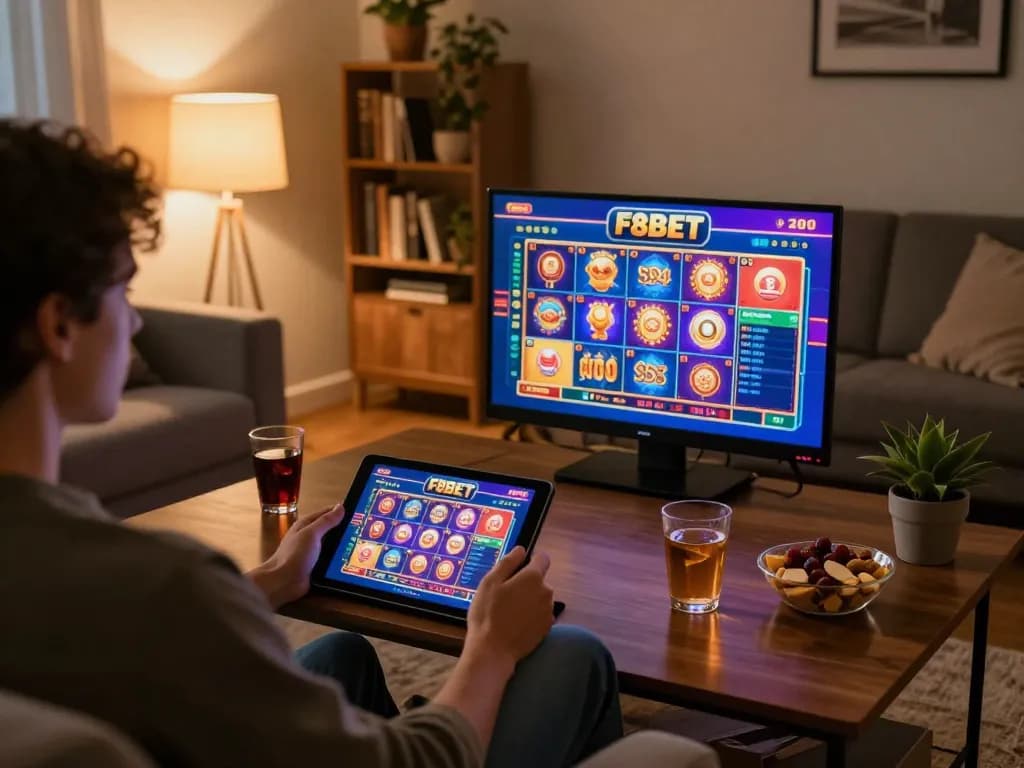 Engaging in F8BET casino games on a tablet in a cozy living room, showcasing an interactive online gaming atmosphere.