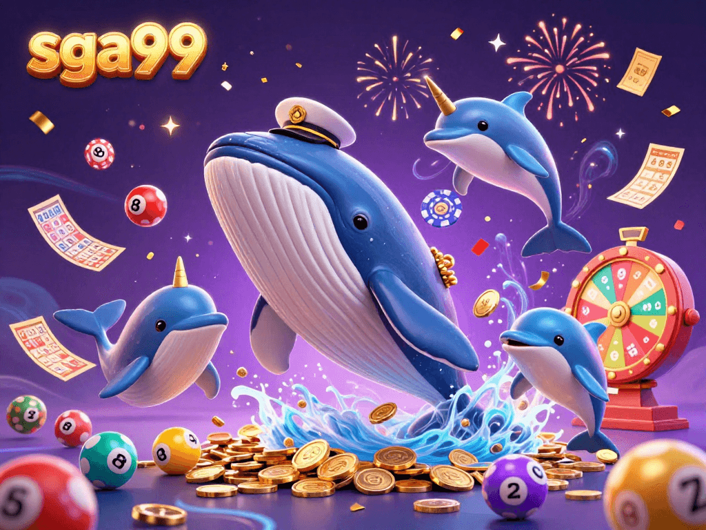 sga99 promotes thrilling gaming with a whale, narwhal, and dolphins amid a dynamic casino scene.