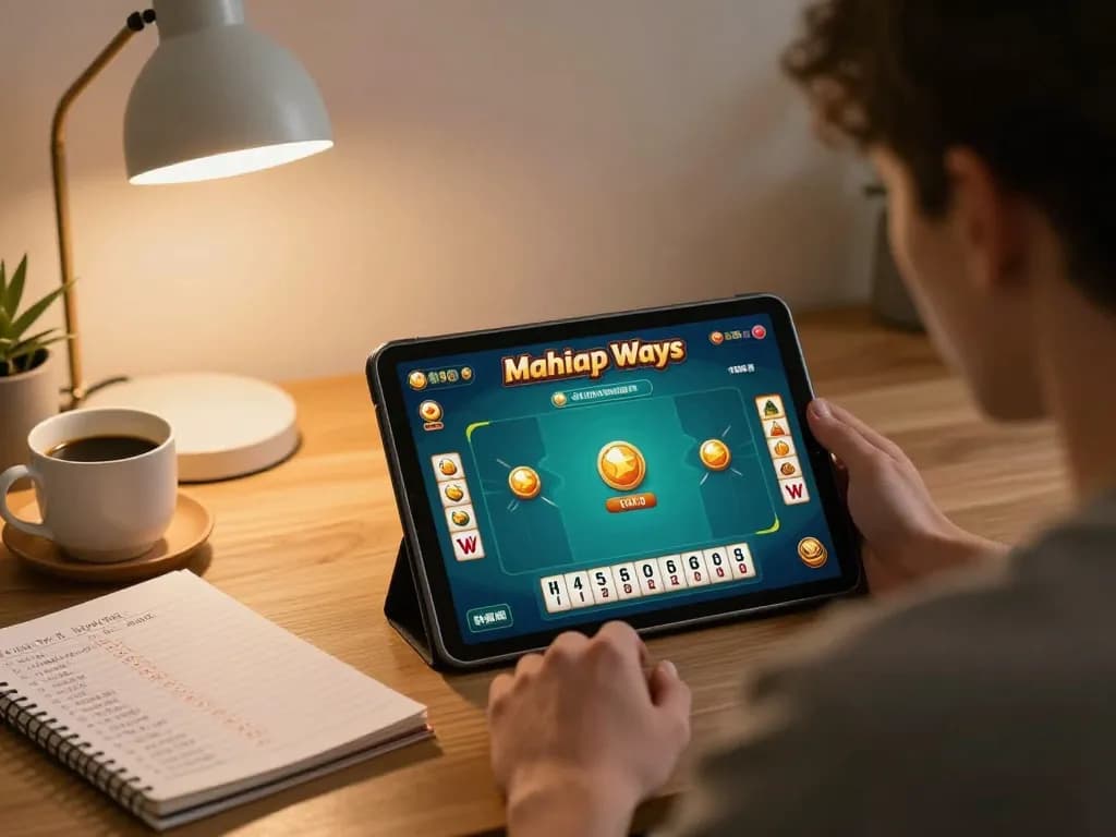 Situs Tempo123 player's exciting Mahjong Ways game strategy in a cozy home environment.