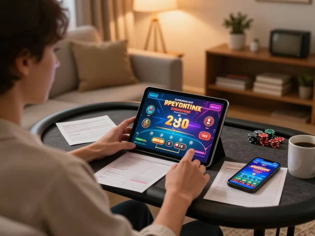 Engaging online gaming moment with m109 poker action on a tablet in cozy home setting