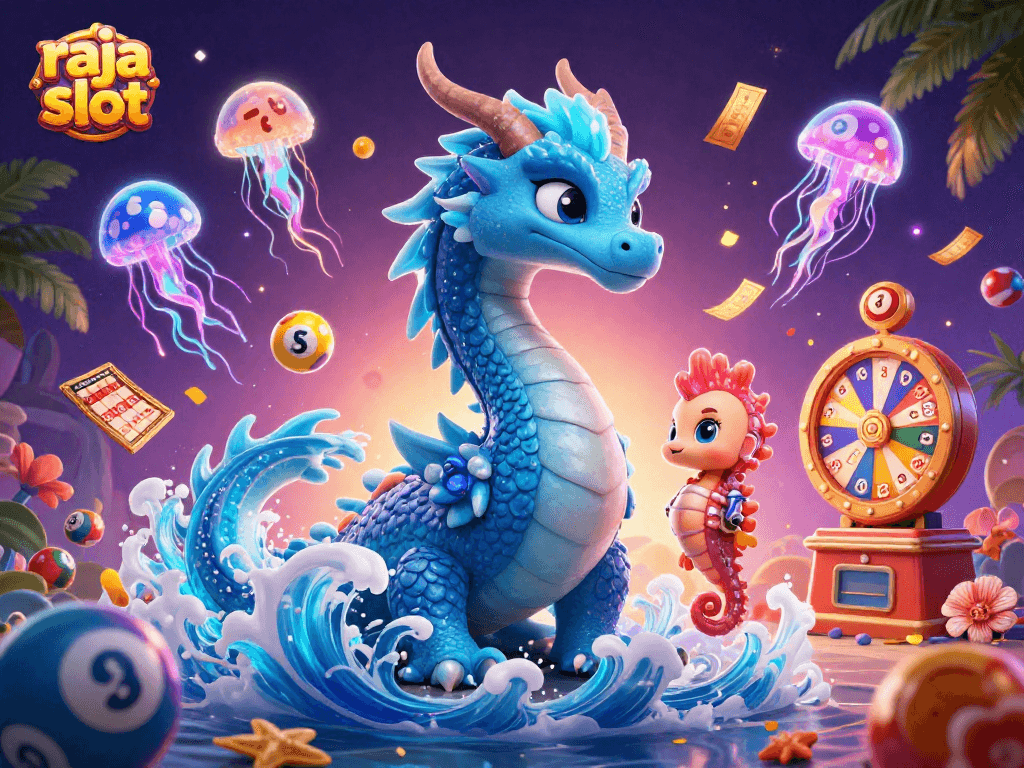 Memenangkan jackpot raja slot dengan naga air dan kuda laut berani di antara lampu neon