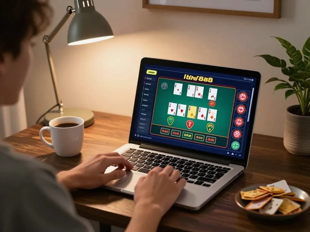Engaging online gameplay with Hay88 on a stylish laptop, showcasing strategy and excitement in a cozy setup.