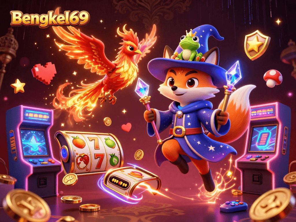Engage with the thrilling atmosphere of Bengkel69, featuring a wizard fox and phoenix in a dynamic casino scene.