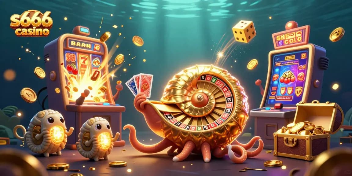S666 casino features an ultra-detailed 3D illustration of a giant nautilus roulette wheel surrounded by vibrant casino elements.