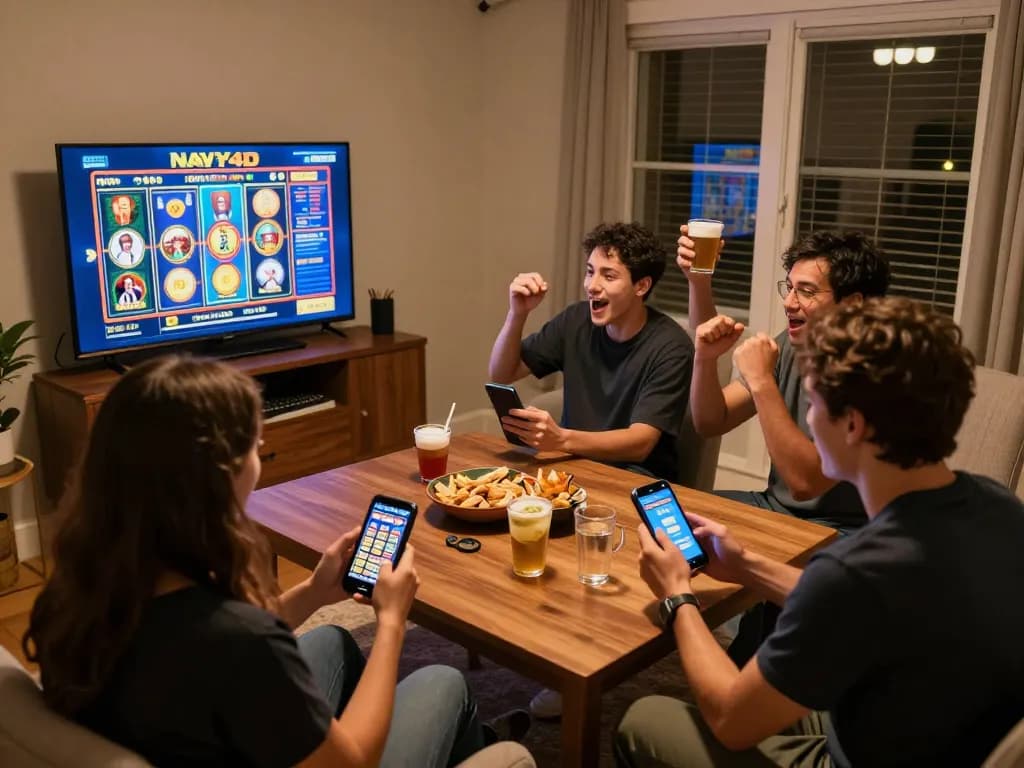 Pemain NAVY4D menikmati malam permainan seru di rumah dengan perangkat mobile dan camilan
