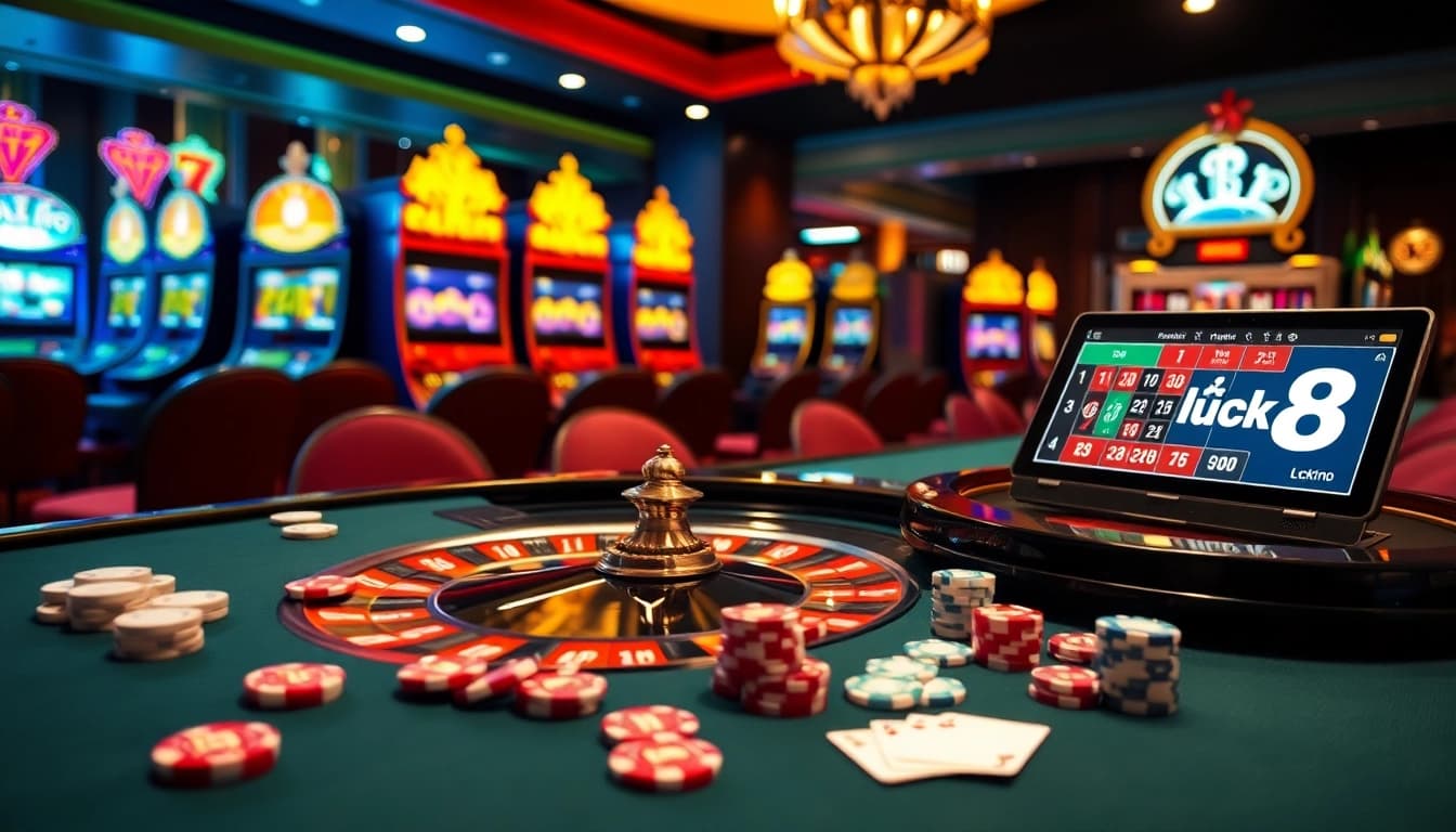 Experience the thrilling ambiance of Luck8 with a vibrant roulette table and glamorous casino elements.