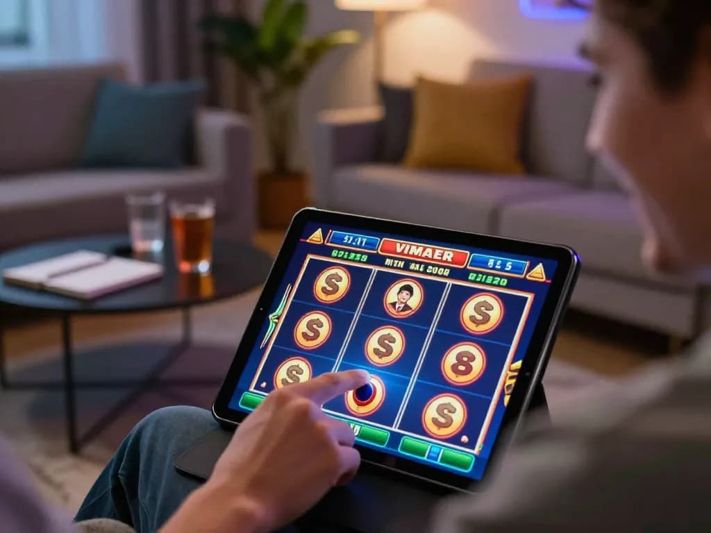 W88 player tapping spin on colorful online slot machine, enjoying a cozy gaming atmosphere