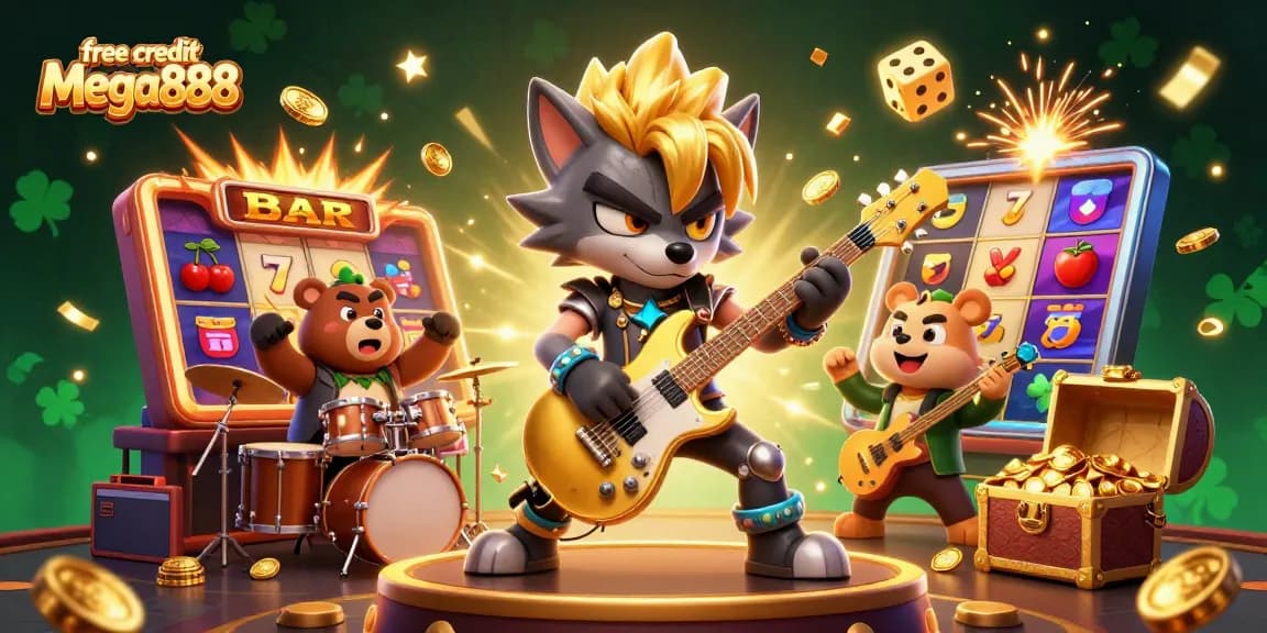 Win more with free credit mega888 in a vibrant 3D casino scene full of action and excitement.