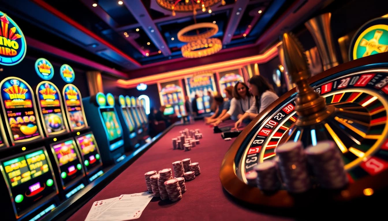 Players engage with idn slot machines at a vibrant casino, showcasing excitement and luxury.