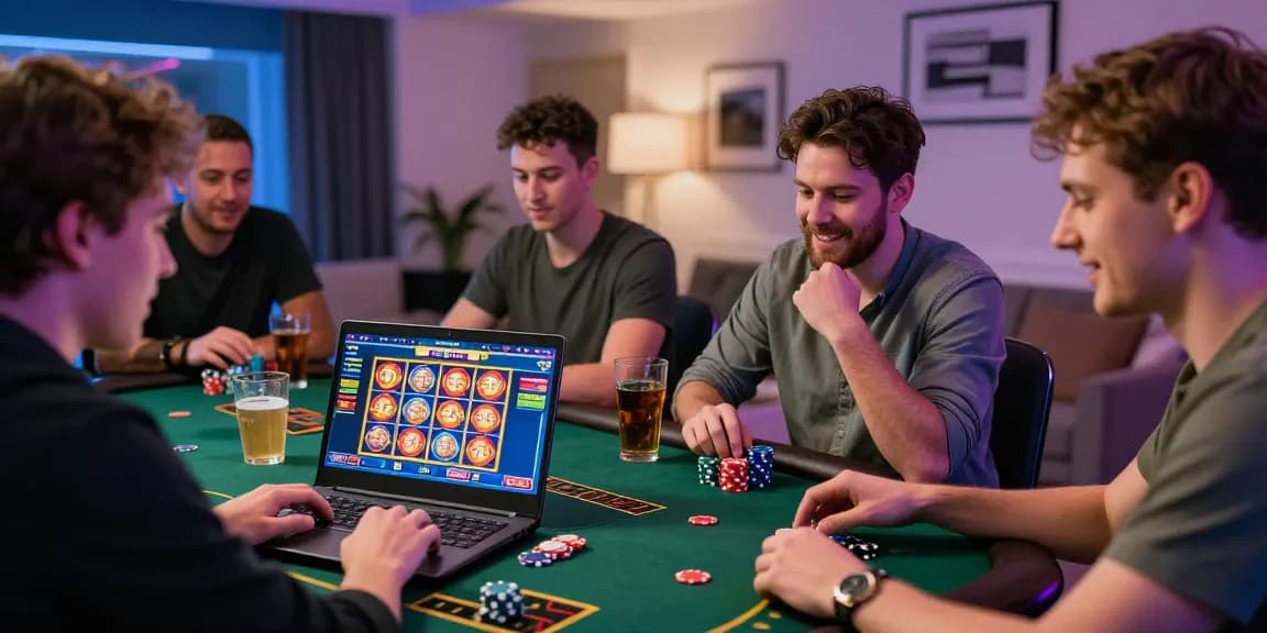 Friends enjoying games at credit card casinos on a laptop in a modern setting.