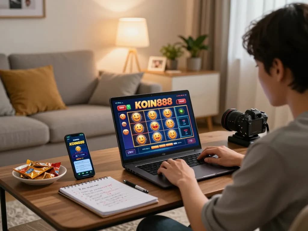 Sesi permainan online KOIN888 di laptop dengan catatan strategis dan suasana yang nyaman.