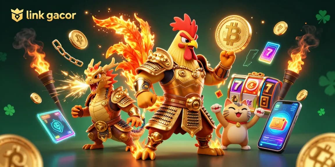 Experience thrilling action in the link gacor casino scene with a rooster warrior, dragon, and crypto elements.
