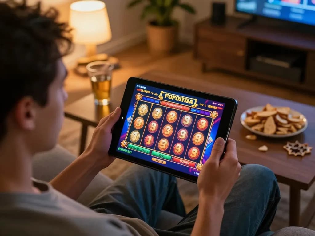 Pengguna Bintangmpo menikmati permainan slot online di tablet dalam suasana rumah yang nyaman.