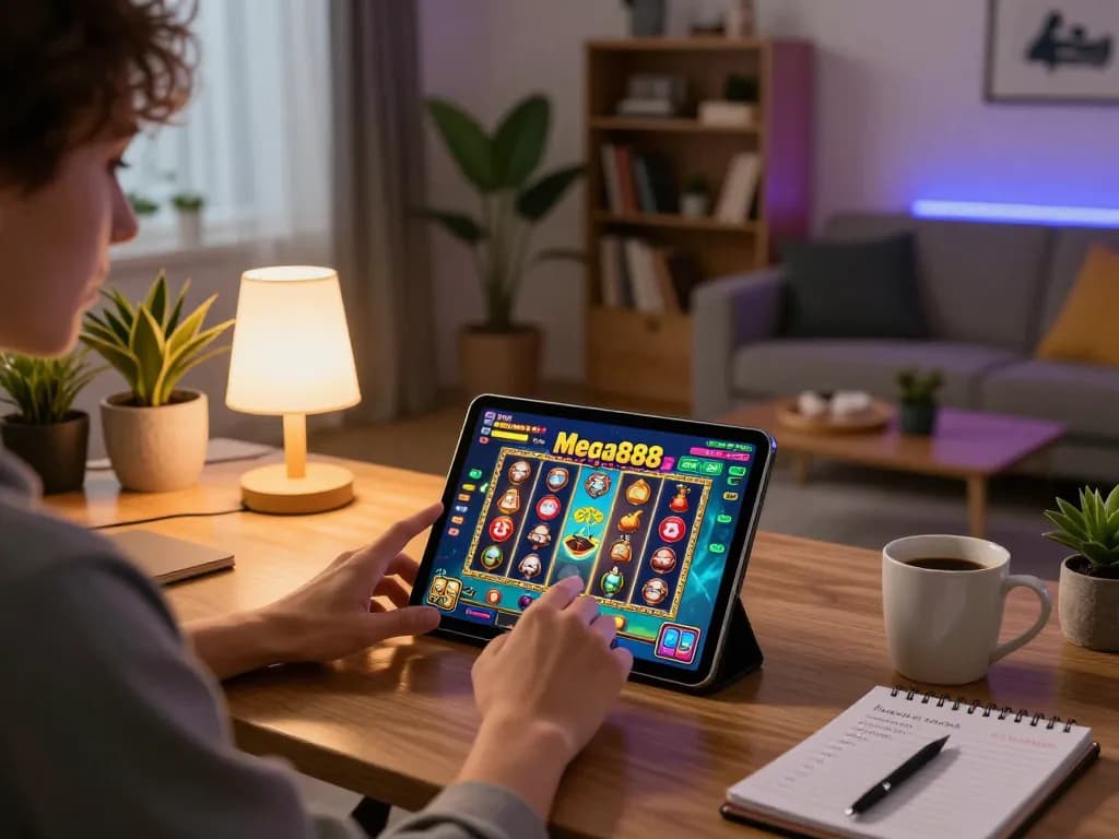 Engaging scene with a person playing apk mega888 on a tablet in a cozy home environment, emphasizing online gaming.