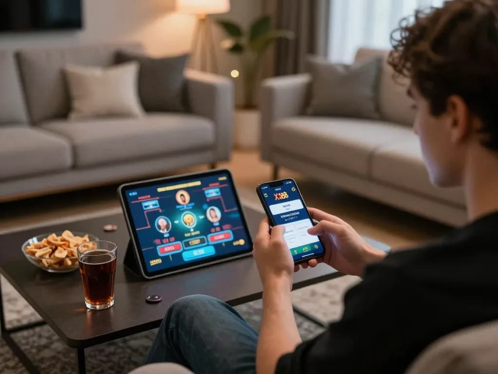 Player using the XX88 casino app for a dynamic gaming experience in a cozy home
