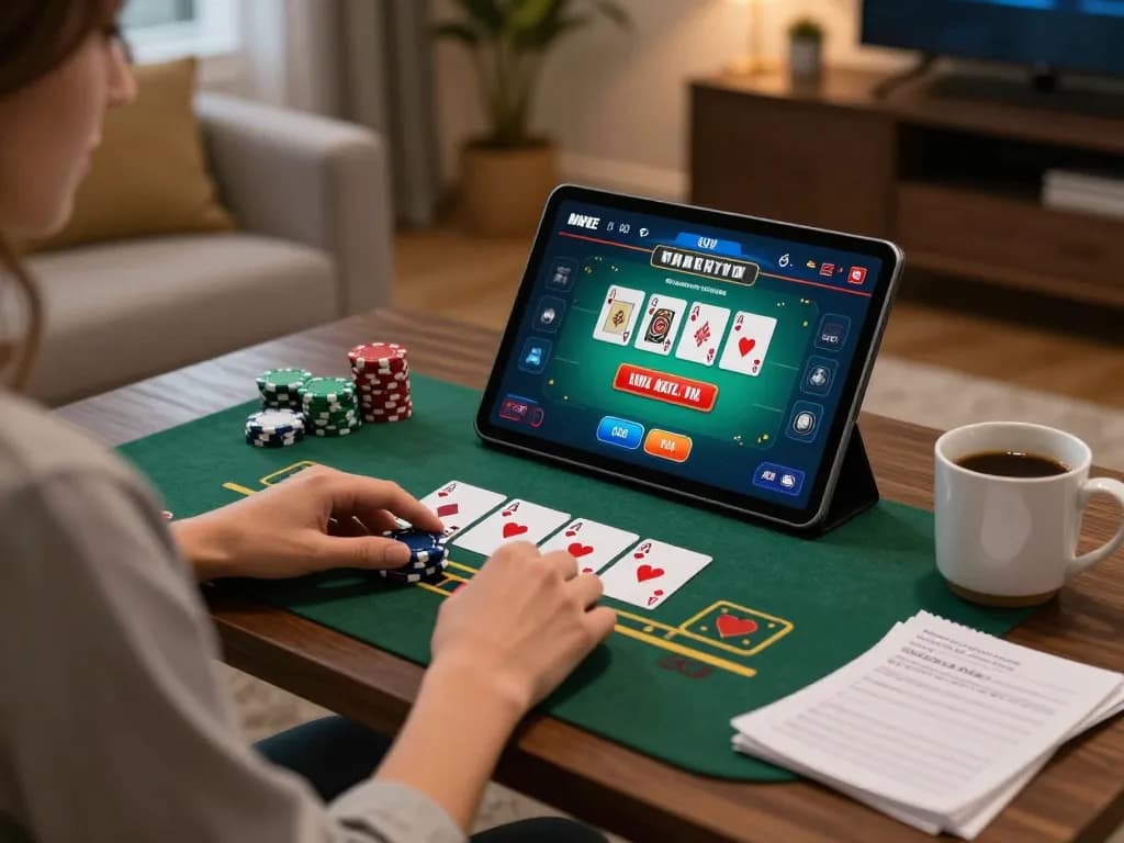 Playing blackjack on a tablet at home, showcasing slot terpercaya strategies in online gaming.