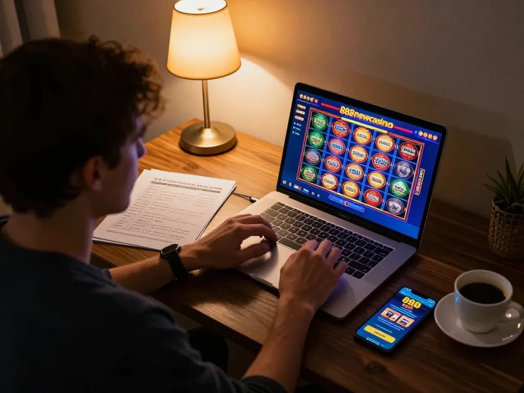 Player enjoying online gaming on a laptop at home, featuring the 888newcasino platform and engaging visuals.