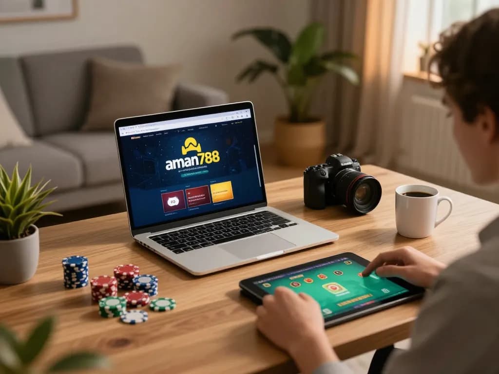 Seseorang bermain di platform aman788 di kantor rumah yang stylish, menampilkan pengalaman bermain game online yang menarik.