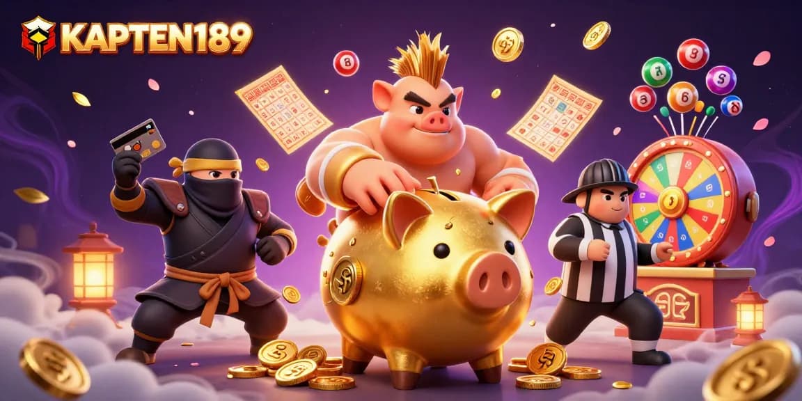 KAPTEN189 memamerkan gambar menarik dengan bank piggy emas raksasa, ninja dompet, dan wasit samurai kartu dalam suasana kasino yang dinamis.