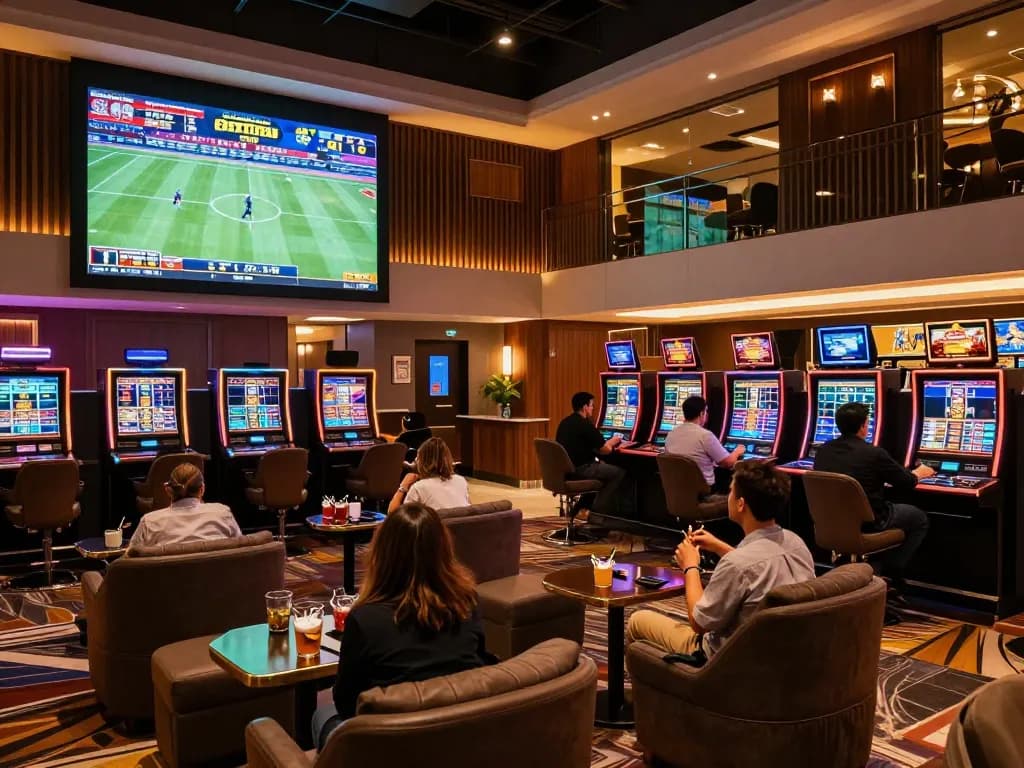 Kèo nhà cái 88 patrons engaging in sports betting at a luxurious casino lounge with live odds
