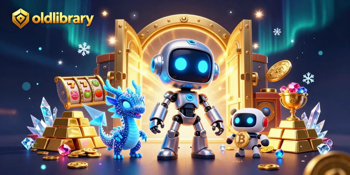 Spin the slots with oldlibrary's vibrant 3D illustration featuring a cyberpunk robot, AI dragon, and bitcoin drone.