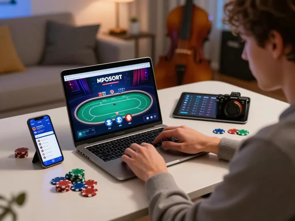 User enjoying MPOSPORT online poker via laptop and smartphone in a cozy home setting, emphasizing ease of access through technology.