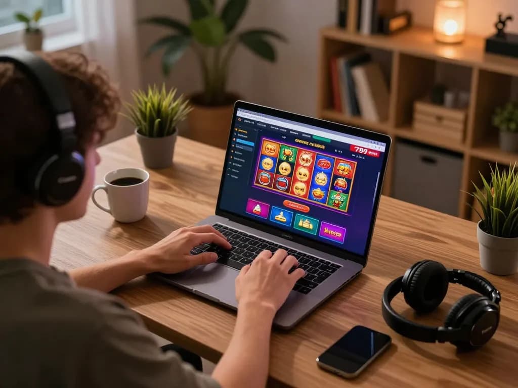 Player engaging with 789bet's online casino on laptop, showcasing vibrant gaming interface and cozy home setup