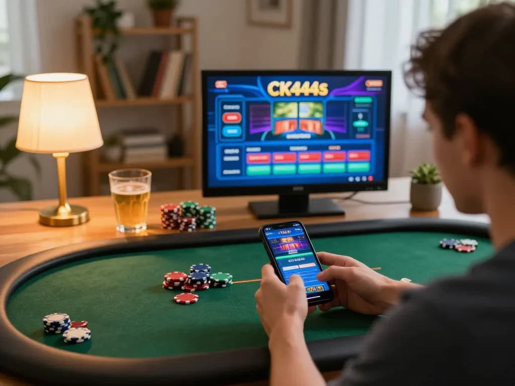 Player engaging with CK444s mobile casino app in a cozy home environment for strategic gaming