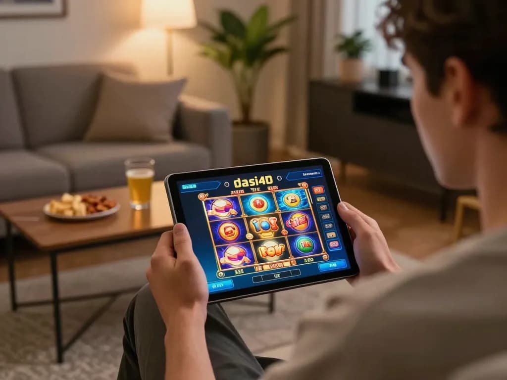 Pemain yang terlibat menggunakan dasi4d link alternatif di tablet, menikmati slot online dalam suasana rumah yang nyaman.