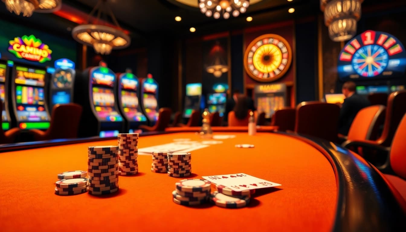 Experience thrilling gameplay at https://f8bet.net.in/ with luxurious casino visuals featuring poker tables and exciting slot machines.