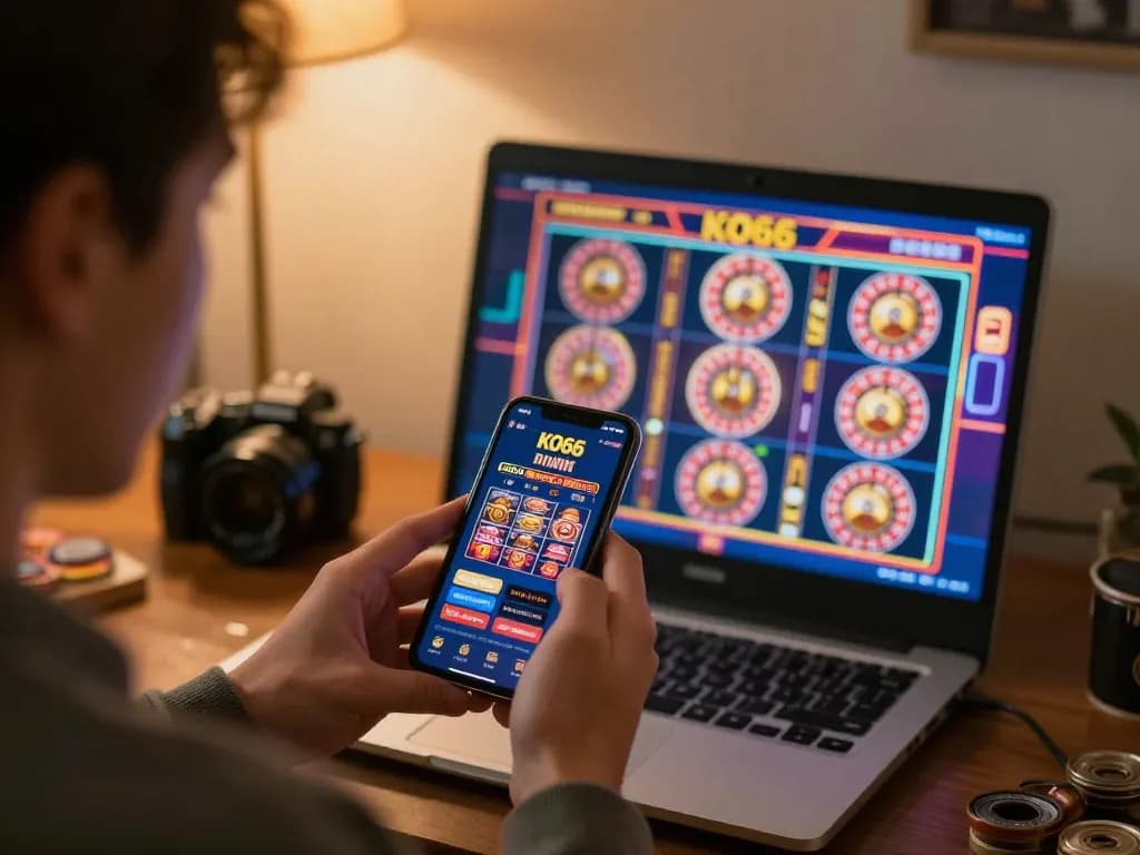 Player engaging with the KO66 casino app on a smartphone, showcasing an exciting online gaming experience
