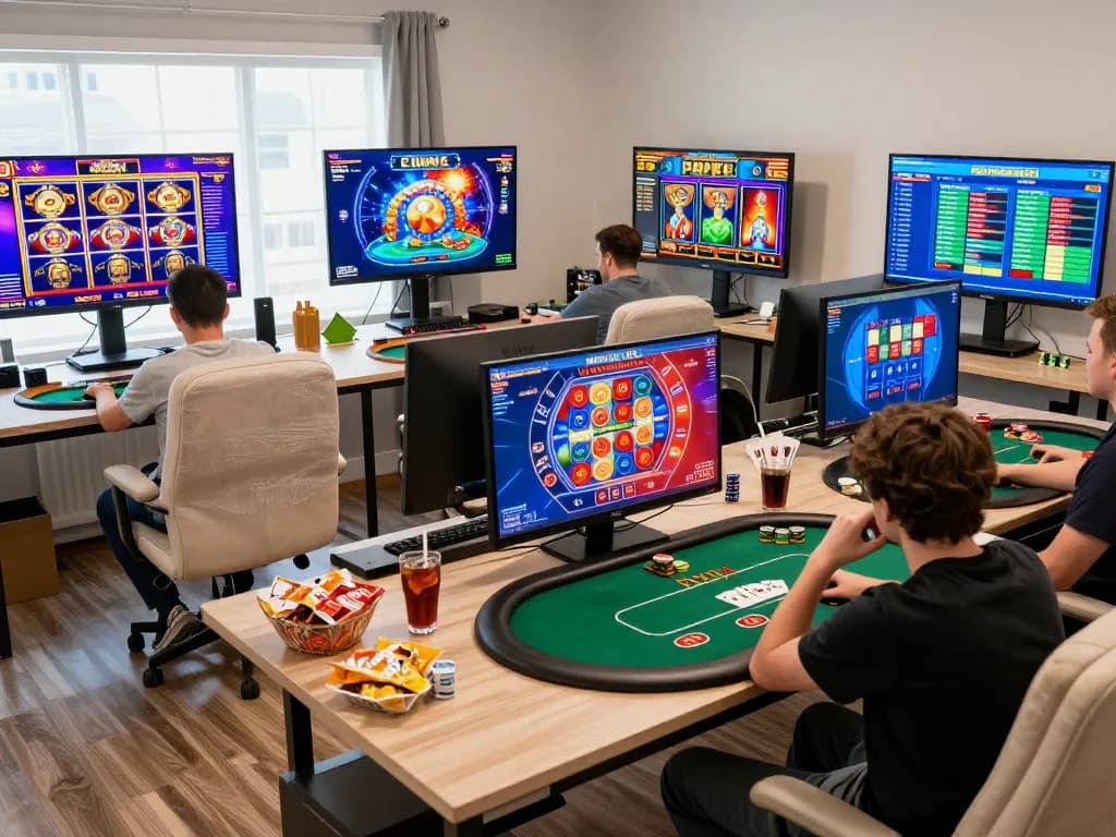 Players strategizing during a riveting online gaming experience at GO8, showcasing digital casino excitement in a cozy setting.