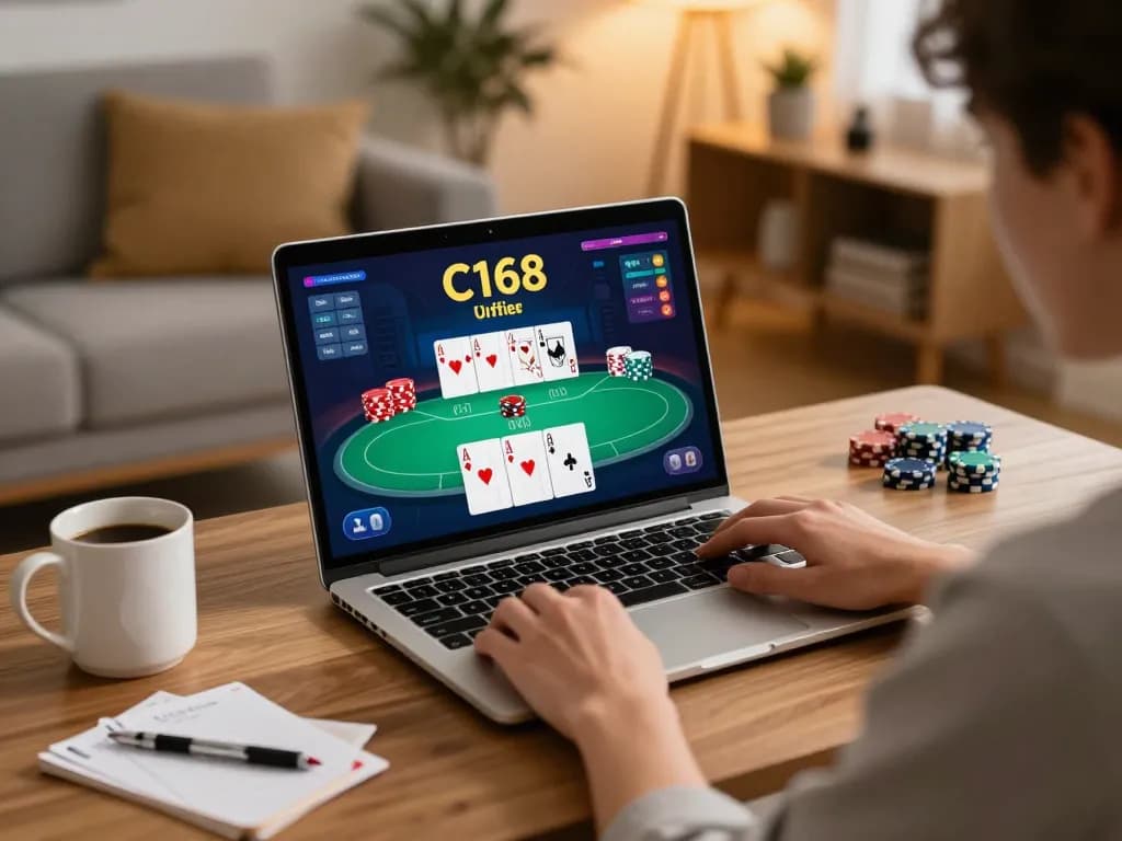 C168 online poker gameplay shown on a laptop in a cozy home environment