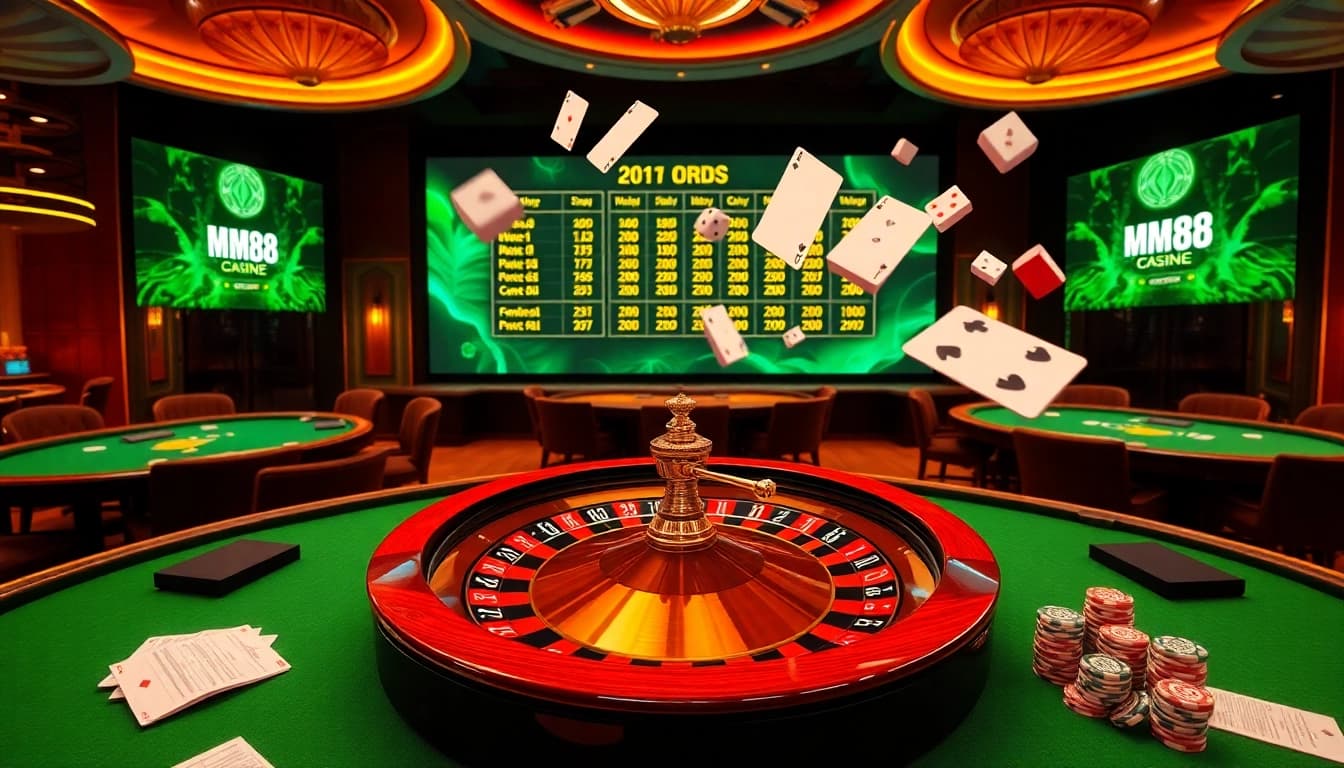 Exciting MM88 com online gambling scene featuring vibrant roulette, poker tables, and betting slips.