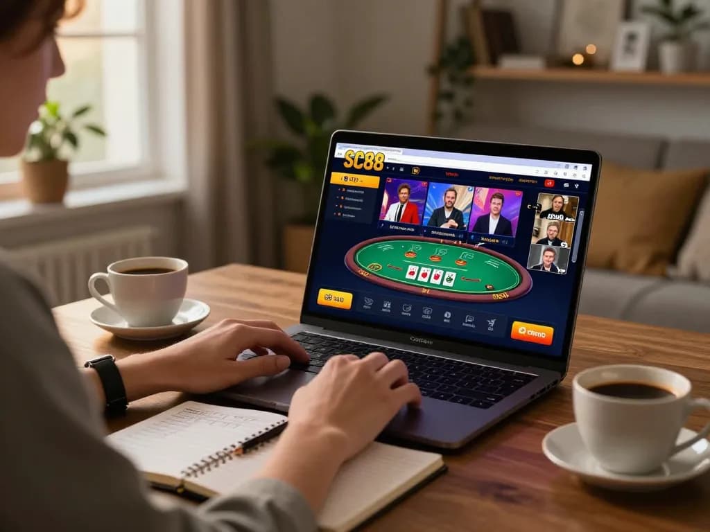 Player enjoying the SC88 online gaming experience from home, showcasing a live blackjack interface on the laptop screen.