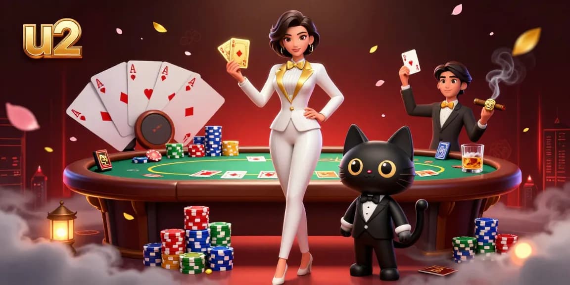 Experience thrilling gameplay at u2 Casino with vibrant card shuffling and exciting poker chip towers.