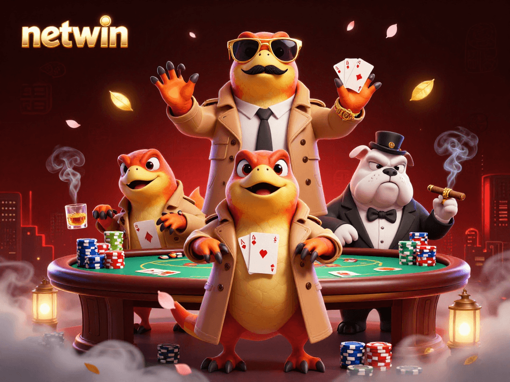 Engage with netwin's vibrant casino scene featuring raptors in disguise and poker action.