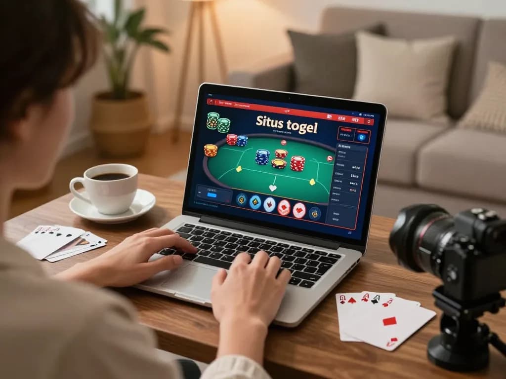 Pengalaman bermain situs togel online dengan seorang pemain yang fokus pada laptop di lingkungan rumah yang nyaman.