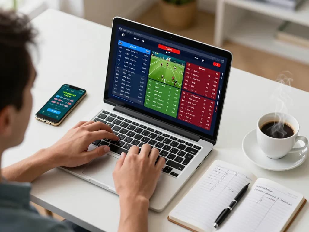 Engaged player using zbet for sports betting on laptop while noting strategies.