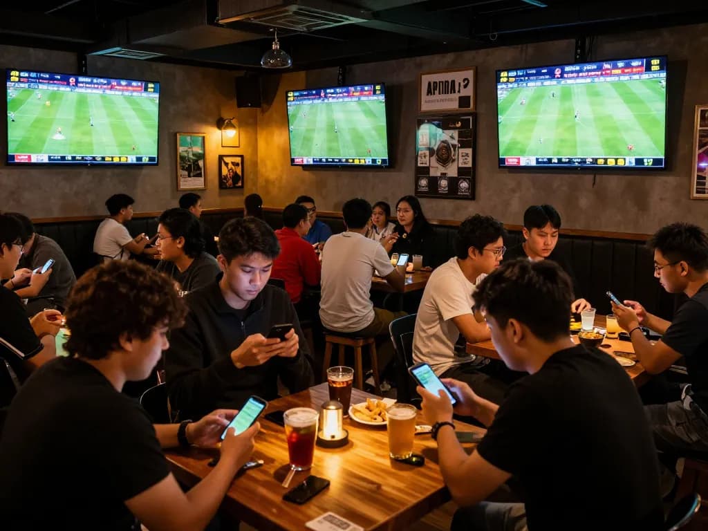 Fans intensely analyzing keonhacai odds during a live soccer match at a vibrant sports bar.