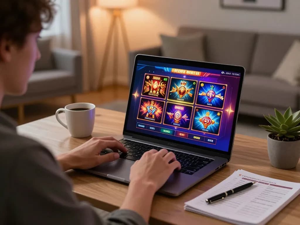 Engaging scene of an individual enjoying slot online gaming on a laptop at home with strategy notes.