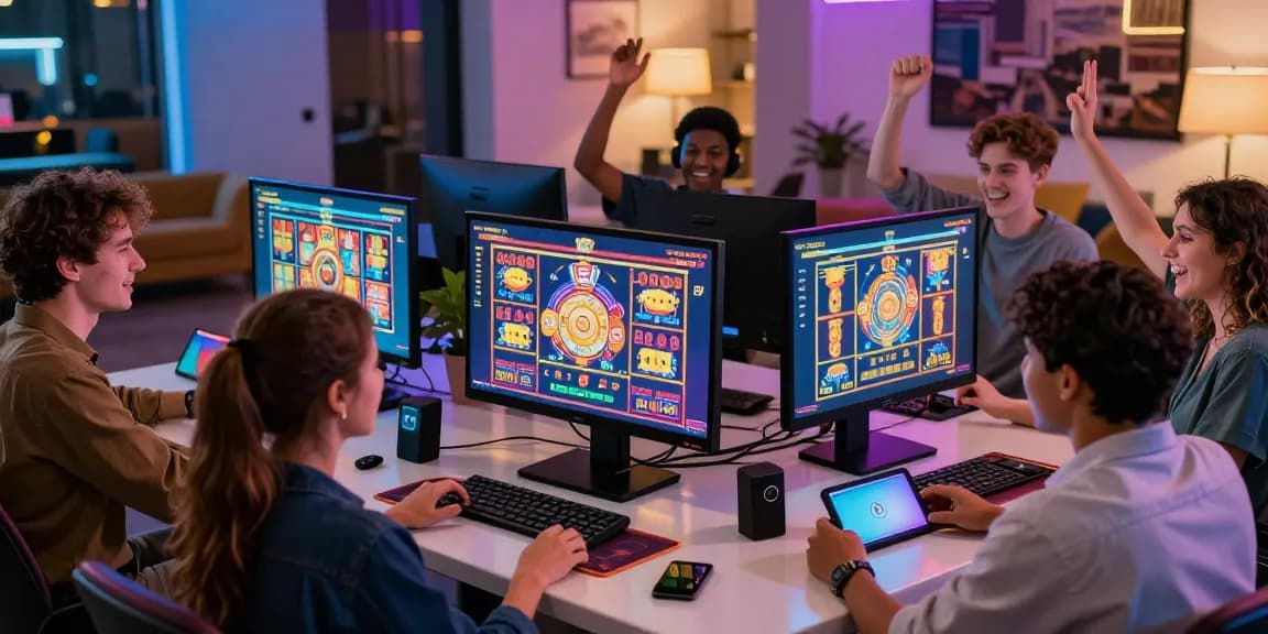Exciting group playing new online casinos on digital devices in a colorful atmosphere